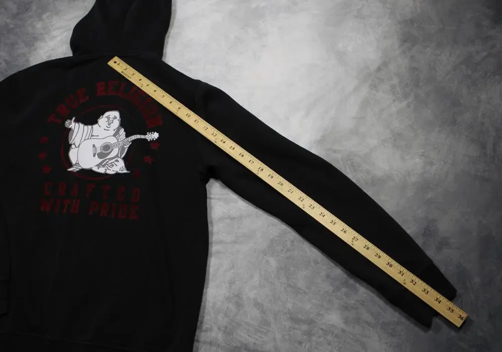 True Religion Hoodie Mens XL Black Full Zip Fleece Sweatshirt Buddha Graphic